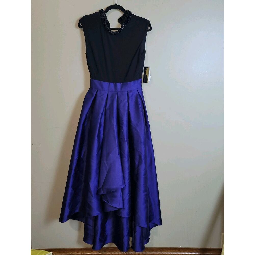 Ignite Evening Missy Sleeveless Beaded Neck Collar Prom Dress Gown, Black/Indigo